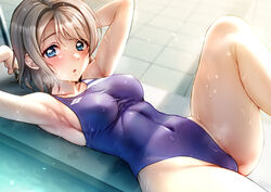  :o abs armpits arms_behind_head arms_up blue_eyes blue_one-piece_swimsuit blush breasts collarbone competition_swimsuit covered_navel covered_nipples female grey_hair groin highleg highleg_swimsuit leg_up legs looking_at_viewer love_live! love_live!_sunshine!! lying medium_breasts on_back one-piece_swimsuit parted_lips pool pool_ladder poolside rokko short_hair solo swept_bangs swimsuit thighs tile_floor tiles toned watanabe_you water wet 