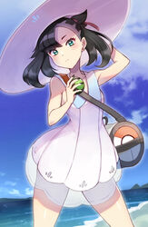  arm_up asymmetrical_bangs bag black_hair black_nails blush closed_mouth cloud collared_dress commentary cosplay day dress duffel_bag dusk_ball earrings eyelashes female green_eyes hair_ribbon hat head_tilt highres holding holding_poke_ball jewelry lillie_(pokemon) lillie_(pokemon)_(cosplay) looking_at_viewer marnie_(pokemon) nail_polish outdoors poke_ball pokemon pokemon_sm pokemon_swsh red_ribbon ribbon see-through shiny_skin sky sleeveless sleeveless_dress solo standing sun_hat white_dress white_hat yasu_suupatenin 