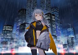  bandaid bandaid_on_face bandaid_on_nose bare_shoulders black_shirt black_shorts black_thighhighs building city city_lights cityscape commentary_request cowboy_shot crop_top female grey_hair hachi_(live_union) hair_ornament hand_in_pocket highres honeycomb_(pattern) izumi_sai jacket live_union long_hair long_sleeves looking_at_viewer midriff mole mole_under_eye multicolored_clothes multicolored_jacket navel night off_shoulder open_clothes open_jacket orange_eyes outdoors parted_lips puffy_sleeves rain shirt short_shorts shorts single_thighhigh skyscraper sleeveless sleeveless_shirt solo standing stomach tattoo thighhighs thighs two-tone_jacket virtual_youtuber 