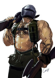  1boy abs absurdres bara belly chest_belt crrispy_shark feet_out_of_frame fingerless_gloves gloves gun head_tilt helmet highres holding holding_weapon large_pectorals looking_to_the_side machine_gun male_focus muscular muscular_male navel navel_hair over_shoulder pectorals plump rainbow_six_siege sideburns solo stomach tachanka_(rainbow_six_siege) thick_thighs thighs topless_male weapon weapon_over_shoulder 