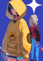  2girls back back-to-back blue_background blue_hair blue_pants blue_shorts commentary cowboy_shot dark_blue_hair denim eyelashes floral_print from_behind hair_ornament highres holding holding_weapon hood hood_up hoodie jacket jeans kaneni kawai_rika letterman_jacket light_brown_hair long_hair long_sleeves looking_at_viewer multicolored_clothes multicolored_jacket multiple_girls one_eye_covered ooto_ai pants short_hair shorts simple_background sleeves_past_wrists striped_clothes striped_jacket sunflower_print triangle_hair_ornament two-tone_jacket weapon wonder_egg_priority yellow_eyes yellow_hoodie 