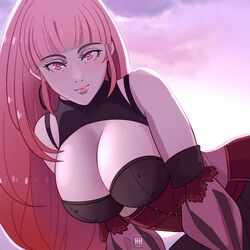  bare_shoulders bent_over breasts cleavage cleavage_cutout clothing_cutout corset cut_bangs earrings female fire_emblem fire_emblem:_three_houses hair_down highres hilda_valentine_goneril hoop_earrings ihsnet jewelry large_breasts leaning_to_the_side light_blush lips lipstick long_hair looking_at_viewer lowered_eyelids makeup pink_hair pink_lips puffy_sleeves smile solo very_long_hair watermark wrist_cuffs 