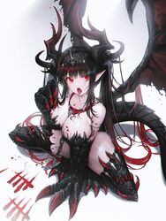  absurdres animal_collar black_hair blood blood_on_breasts blood_writing breasts chains claws cleavage collar commentary dragon_girl dragon_horns dragon_tail dragon_wings english_commentary female full_body gradient_hair highres horns large_breasts long_hair looking_at_viewer monster_girl multicolored_hair multiple_horns open_mouth original pointy_ears red_collar red_eyes red_hair solo squatting tail tally tiara tongue tongue_out very_long_hair wings yjs0803123 