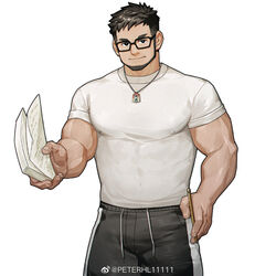  1boy bara beard closed_mouth commentary_request covered_nipples facial_hair glasses holding large_pectorals long_sideburns looking_at_viewer male_focus mature_male muscular muscular_male original pectorals peterhl shirt sideburns smile solo white_shirt 