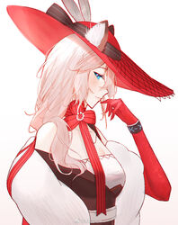  animal_ear_fluff animal_ears arknights bare_shoulders black_dress blue_eyes breasts cat_ears chinese_commentary cleavage commentary_request dress elbow_gloves feather_boa female from_side gloves gradient_background heidi_(arknights) infection_monitor_(arknights) kkd_(6589380949) long_hair looking_at_viewer medium_breasts off-shoulder_dress off_shoulder profile red_gloves red_headwear smile solo white_background white_hair 