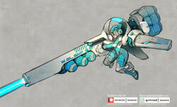  armored_bodysuit beam_cannon blue_bodysuit blue_theme bodysuit crotch_plate double_bun energy_beam english_commentary female firing full_body gauntlets grey_background hair_bun helmet highres huge_weapon mecha_musume original science_fiction solo thrusters watermark weapon web_address xaxaxa 