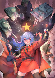  alcohol black_gloves blue_hair dress female gloves glowing gun highres holding holding_gun holding_weapon long_hair long_sleeves looking_at_viewer military military_uniform military_vehicle motor_vehicle open_mouth original ppsh-41 purple_eyes red_dress star_(sky) star_(symbol) submachine_gun t-34-76 t-55 tank tiger_i uniform vodka weapon zhainan_s-jun 