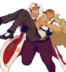  2boys aged_up almond_cookie alternate_skin_color arm_hair bara beard blue_eyes blush brown_hair carrying chest_hair chest_harness coat cookie_run couple eggnog_cookie facial_hair full_body fur-trimmed_coat fur_trim harness highres humanization male_focus mature_male moustache multicolored_hair multiple_boys muscular muscular_male necktie old old_man open_clothes open_coat pants pectorals princess_carry qroken santa_costume short_hair sideburns striped_clothes striped_necktie striped_pants thick_eyebrows thick_thighs thighs two-tone_hair underbust vertical-striped_clothes vertical-striped_necktie white_hair wrinkled_skin yaoi 