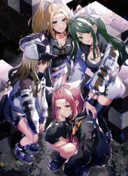  4girls absurdres black_background black_hair blonde_hair blue_eyes brown_eyes d4dj green_eyes green_hair grey_background highres inuyose_shinobu light_brown_hair long_hair looking_at_viewer medium_hair multicolored_background multicolored_hair multiple_girls om_rm1101 orange_eyes peaky_p-key pink_hair ponytail sasago_jennifer_yuka shimizu_esora twintails white_background yamate_kyouko 