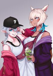  2girls absurdres alisaie_leveilleur animal_ears archon_mark baseball_cap blue_eyes casual casual_attire_(ff14) cat_ears commentary_request contemporary dark-skinned_female dark_skin drink earrings elezen elf facial_mark final_fantasy final_fantasy_xiv grey_background grey_eyes grey_hair hair_over_one_eye hat highres hjz_(artemi) jacket jewelry long_hair looking_at_viewer miqo&#039;te multiple_girls neck_tattoo off_shoulder open_clothes open_jacket pointy_ears ring tattoo whisker_markings white_hair y&#039;shtola_rhul 