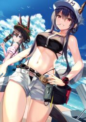  2girls :t absurdres amiya_(arknights) animal_ears arknights bare_arms bare_shoulders baseball_cap beach belt bikini blue_eyes blue_hair blue_sky breasts brown_hair buri_(retty9349) ch&#039;en_(arknights) cloud commentary_request cowboy_shot day dragon_horns dutch_angle ears_through_headwear female_tourist_c_(arknights) flower food grin hair_between_eyes hand_on_own_hip has_bad_revision has_downscaled_revision hat hat_flower highleg highleg_bikini highres holding holding_food horns kebab large_breasts long_hair looking_at_viewer md5_mismatch mouth_hold multiple_girls navel ocean off-shoulder_shirt off_shoulder official_alternate_costume open_fly outdoors pink_shirt plaid plaid_shirt pouch puffy_short_sleeves puffy_sleeves rabbit_ears red_eyes red_flower resolution_mismatch shirt short_shorts short_sleeves shorts sidelocks sky smile source_smaller standing stomach sun_hat swimsuit teeth_hold thighs watch water white_shorts wristwatch 