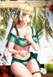  bad_id bad_pixiv_id bare_shoulders bikini blonde_hair blunt_bangs breasts collarbone commentary cowboy_shot esther_shen female fire_emblem fire_emblem:_three_houses fire_emblem_heroes flower green_bikini green_eyes green_ribbons hair_flower hair_ornament hair_ribbon ingrid_brandl_galatea ingrid_brandl_galatea_(summer) long_hair looking_at_viewer off-shoulder_bikini off_shoulder official_alternate_costume pink_lips ribbon sitting solo stomach swimsuit thigh_strap thighs very_long_hair white_flower 