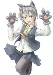  adapted_costume alternate_sleeve_length animal_ears animal_hands asymmetrical_hair black_skirt black_vest commentary_request cowboy_shot female flipped_hair gloves grey_eyes grey_hair highres kantai_collection long_sleeves necktie nowaki_(halloween_mode)_(kancolle) nowaki_(kancolle) official_alternate_costume paw_gloves pleated_skirt school_uniform simple_background skirt solo standing standing_on_one_leg swept_bangs tail taruya vest white_background wolf_ears wolf_tail yellow_necktie 