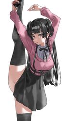  absurdres arms_up black_footwear black_hair black_skirt black_thighhighs blouse brown_eyes commentary_request cowboy_shot ekitabu_hosii female high_heels highres idolmaster idolmaster_shiny_colors jirai_kei leg_hold long_hair looking_at_viewer mayuzumi_fuyuko miniskirt neck_ribbon parted_lips pink_shirt ribbon shirt simple_background skirt solo split standing standing_on_one_leg standing_split suspender_skirt suspenders thighhighs thighs two_side_up white_background white_shirt zettai_ryouiki 