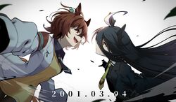  2girls absurdres agnes_tachyon_(umamusume) ahoge animal_ears black_gloves black_hair black_necktie black_pantyhose black_shirt blazer brown_hair chemical_structure collared_shirt commentary confrontation cork dated earrings faceoff gloves haibarasaika highres horse_ears horse_girl jacket jewelry lab_coat long_hair manhattan_cafe_(umamusume) messy_hair multicolored_hair multiple_girls necktie open_clothes open_jacket open_mouth pantyhose red_eyes shirt short_hair single_earring sleeves_past_fingers sleeves_past_wrists sweater test_tube two-tone_hair umamusume white_hair yellow_eyes yellow_necktie yellow_sweater 