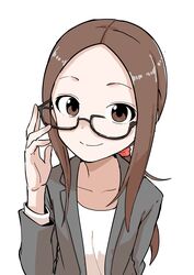  absurdres bespectacled brown_eyes brown_hair closed_mouth coat female forehead glasses highres inaba_mifumi karakai_jouzu_no_takagi-san looking_at_viewer ribbon shirt smile solo takagi-san white_background white_shirt 