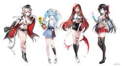  4girls absurdres akane_lize animal_ears arahashi_tabi bare_shoulders belt black_footwear black_hair black_headwear black_jacket black_shorts black_skirt black_thighhighs blue_eyes blue_hair blue_skirt boots bow bra_strap breasts brown_cardigan brown_eyes brown_jacket cardigan cat_ears cat_tail chains colored_inner_hair commentary_request compass crop_top cup disposable_cup exposed_pocket extra fishnet_socks fishnets full_body goggles goggles_on_head hairbow hands_up hat hemokinesis high-waist_skirt highres holding holding_clothes holding_jacket jacket kneehighs korean_commentary large_breasts long_sleeves looking_at_viewer micro_shorts midriff miniskirt multicolored_hair multiple_girls navel neneko_mashiro off_shoulder open_fly open_mouth peaked_cap plant pleated_skirt potted_plant red_eyes red_hair red_skirt school_uniform shirayuki_hina shirt shoes short_hair short_sleeves shorts side-tie_shirt simple_background skirt smile socks soyoong_jun standing stellive stomach streaked_hair tail taut_clothes taut_shirt thigh_strap thighhighs thighs torn_clothes torn_shirt twintails unworn_jacket virtual_youtuber white_background white_hair white_shirt zettai_ryouiki 