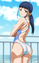  ass black_hair blue_sky blunt_bangs blurry blurry_background brown_eyes cloud commentary_request competition_swimsuit cowboy_shot day female long_hair looking_at_viewer looking_back low_ponytail monteriakitto one-piece_swimsuit original outdoors sky smile solo standing swimsuit white_one-piece_swimsuit 