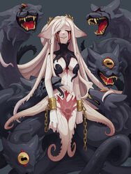  blood blood_from_eyes breasts chains creature cuffs female grey_background highres large_breasts long_hair monster_girl one-eyed open_mouth original parted_lips scylla scylla_(mythology) shackles sharp_teeth simple_background smile teeth tentacle tentacle_hair white_hair yamanobe_saya 