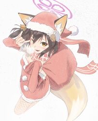  animal_ear_fluff animal_ears arm_warmers blue_archive brown_hair christmas female fishnet_legwear fishnets fox_ears fox_shadow_puppet fox_tail halo hat highres holding holding_sack izuna_(blue_archive) kidou_senshi_nama_ino light_blush looking_at_viewer medium_hair oerba_yun_fang one_eye_closed one_side_up orange_eyes pink_halo red_scarf reindeer_hair_ornament sack santa_costume santa_hat scarf simple_background skin_fang snowing solo striped_clothes striped_scarf tail white_background 