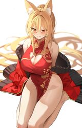  animal_ear_fluff animal_ears bare_legs bare_shoulders blonde_hair breasts china_dress chinese_clothes cleavage cleavage_cutout clenched_teeth clothing_cutout commentary commission covered_navel dress dungeon_and_fighter ellin_meiji english_commentary female fox_ears frown gold_trim heart_cutout highres jacket k_pring large_breasts long_hair long_sleeves looking_at_viewer no_panties off_shoulder open_clothes open_jacket pelvic_curtain ponytail red_dress red_eyes red_jacket seiza simple_background sitting sleeveless sleeveless_dress solo teeth thighs very_long_hair white_background 