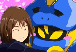  1other animal_hood blush_stickers brown_hair closed_eyes cobra_(animal) demon female gloves highres hood hug itou_miku kamen_rider kamen_rider_revice lovekov miyabi_(037) short_hair smile voice_actor voice_actor_connection yellow_eyes 