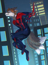  2023 3_tails anthro antlers brown_hair canid canine canis city clothed clothing cosplay detailed_background digital_media_(artwork) dipstick_tail fully_clothed fur grey_body grey_fur hair hi_res horn hybrid male mammal markings marvel midair multi_tail night sky solo spider-man_(series) spider-man_2099 tail tail_markings white_body white_fur wolf yshanii 