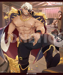  3boys abs absurdres bara bare_pectorals blonde_hair boots canine chain_necklace chains coat coat_on_shoulders coin commission eugene_kidd eyepatch facial_hair goatee gold_coin highres jewelry large_pectorals machete male_focus multiple_boys muscular muscular_male navel necklace nipples no_shirt original pants pectorals pirate red_eyes scar scar_on_arm scar_on_chest scar_on_stomach short_hair shoulder_pads smile solo_focus stomach thick_thighs thighs watermark yamariceball 