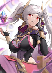  absurdres bodystocking breasts bridal_gauntlets cape cleavage commentary_request covered_navel female fire_emblem fire_emblem_awakening fire_emblem_heroes gonzarez grey_hair grima_(fire_emblem) grin highres large_breasts long_hair looking_at_viewer official_alternate_costume parted_lips purple_cape red_eyes robin_(female)_(fell_tactician)_(fire_emblem) robin_(female)_(fire_emblem) robin_(fire_emblem) see-through see-through_cleavage sideboob sitting smile solo twintails 