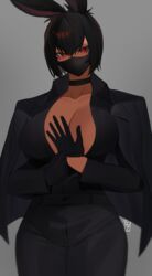  absurdres animal_ears avatar_(ff14) bangs black_gloves black_hair breasts choker cleavage coat coat_on_shoulders dark-skinned_female dark_skin eyebrows_visible_through_hair female final_fantasy final_fantasy_xiv gloves grey_background highres large_breasts lilycious looking_at_viewer mask mouth_mask rabbit_ears red_eyes short_hair solo viera 