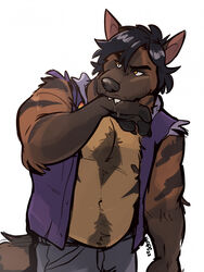  4_fingers anthro belly belly_overhang bite black_nose bodily_fluids body_hair bottomwear brown_body brown_eyes brown_fur brown_hyena chest_fur chest_hair chest_tuft clothed clothing eyebrows fangs fingers fluffy fluffy_tail fully_clothed fur hair handpaw happy_trail haps hi_res himbo hyena jacket jacket_only male mammal markings marrow_(sebastiansb) narrowed_eyes navel open_clothing open_jacket open_topwear partially_clothed pawpads paws pin_(disambiguation) purple_body purple_clothing purple_fur purple_hair saliva self_bite shorts slightly_chubby solo striped_body striped_fur striped_markings striped_tail stripes tail tail_markings teeth topwear tuft 