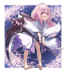  absurdres cherry_blossoms duel_monster female ghost_reaper_&amp;_winter_cherries highres japanese_clothes long_hair long_sleeves looking_at_viewer low_twintails pink_hair red_eyes scythe solo twintails wide_sleeves xin_lan_deng yu-gi-oh! 