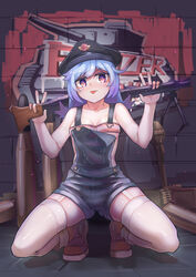  ammunition ammunition_belt ammunition_box black_hat blue_hair boots brown_footwear closed_mouth double_v female graffiti gun hat holding holding_gun holding_weapon looking_at_viewer machine_gun mg42 military military_hat missile original overall_shorts overalls panzerfaust purple_eyes shell_casing shirt sleeveless sleeveless_shirt solo squatting tank_shell thighhighs tongue tongue_out v weapon white_thighhighs zhainan_s-jun 