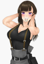  adjusting_hair belt black_belt black_hair black_shirt blush breasts cleavage commentary_request en&#039;en_no_shouboutai female grey_pants grin highres kana_kinoko large_breasts looking_at_viewer maki_oze medium_hair mouth_hold muscular muscular_female pants purple_eyes shirt simple_background sleeveless sleeveless_shirt smile solo suspenders suspenders_gap upper_body white_background 