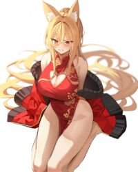  animal_ear_fluff animal_ears bare_legs bare_shoulders blonde_hair breasts china_dress chinese_clothes cleavage cleavage_cutout clenched_teeth clothing_cutout commentary commission covered_navel dress dungeon_and_fighter ellin_meiji english_commentary female fox_ears frown gold_trim heart_cutout highres jacket k_pring large_breasts long_hair long_sleeves looking_at_viewer no_panties off_shoulder open_clothes open_jacket pelvic_curtain ponytail red_dress red_eyes red_jacket seiza simple_background sitting sleeveless sleeveless_dress solo teeth thighs very_long_hair white_background 