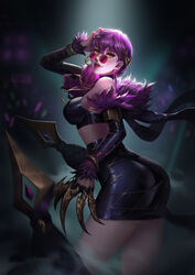  bare_shoulders black_choker black_skirt breasts choker chromatic_aberration claw_(weapon) claws concert crop_top dailiangzueiai detached_sleeves earrings evelynn_(league_of_legends) female glowstick headset highres idol jewelry k/da_(league_of_legends) k/da_evelynn league_of_legends lipstick long_hair looking_at_viewer looking_over_eyewear makeup medium_breasts official_alternate_costume official_alternate_hairstyle parted_lips pink-tinted_eyewear purple_hair round_eyewear skirt smile solo stage_lights sunglasses tinted_eyewear weapon yellow_eyes 