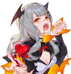  :d arm_up bandaid bandaid_on_face bandaid_on_nose black_choker blood blood_from_mouth breasts capelet choker claw_pose cleavage commentary_request fangs female fingernails floating grey_hair hachi_(live_union) halloween head_wings heart izumi_sai live_union long_hair long_sleeves looking_at_viewer medium_breasts mole mole_under_eye open_mouth orange_eyes sharp_fingernails shirt simple_background smile solo upper_body vampire virtual_youtuber white_background white_shirt wings 