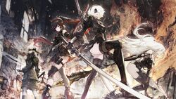  1boy 2b_(nier:automata) 3girls 9s_(nier:automata) a2_(nier:automata) android battle black_blindfold black_dress black_hair black_thighhighs blindfold breasts commentary_request dress fake_horns floating floating_object floating_weapon gloves headband highres holding holding_sword holding_weapon horns ishikawa_yui joints kazama_raita long_hair lucia_(punishing:_gray_raven) mechanical_arms mechanical_parts mole mole_under_mouth multicolored_hair multiple_girls nier:automata nier_(series) official_art polearm ponytail pouch prosthesis prosthetic_arm punishing:_gray_raven red_hair red_horns short_hair spear sword thigh_pouch thighhighs two-tone_hair virtuous_contract virtuous_treaty weapon white_hair 