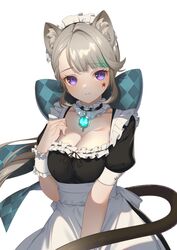  alternate_costume animal_ear_fluff animal_ears apron bow braid breasts cat_ears cat_girl cat_tail choker cleavage collarbone commentary_request enmaided facial_tattoo female forehead frilled_apron frilled_choker frills genshin_impact grey_hair hair_ribbon hairbow highres long_hair looking_at_viewer lynette_(genshin_impact) maid maid_apron maid_headdress meda medium_breasts parted_bangs partial_commentary pendant_choker ponytail purple_eyes ribbon short_sleeves sidelocks simple_background single_braid solo star_tattoo tail tattoo vision_(genshin_impact) white_apron white_background white_choker wristband 