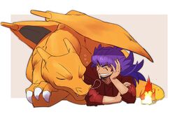  1boy charizard claws closed_eyes dark-skinned_male dark_skin eyelashes facial_hair fingernails fire flame-tipped_tail hand_on_own_arm head_rest highres hood hoodie leon_(pokemon) long_hair lying male_focus morio_(poke_orio) on_stomach pokemon pokemon_(creature) pokemon_swsh purple_hair red_hoodie sleeves_past_elbows smile teeth 