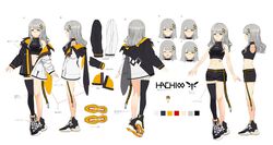  :d bandaid bandaid_on_face bandaid_on_nose bare_arms bare_shoulders belt black_legwear black_shirt black_shorts breasts character_name color_guide commentary_request concept_art crop_top female full_body grey_hair hachi_(live_union) hair_ornament highres honeycomb_(pattern) izumi_sai jacket live_union long_hair long_sleeves medium_breasts midriff mole mole_under_eye multicolored_clothes multicolored_jacket multiple_views navel off_shoulder official_art open_clothes open_jacket open_mouth orange_eyes puffy_sleeves reference_sheet shirt shoes short_shorts shorts single_thighhigh sleeveless sleeveless_shirt smile sneakers stomach thighhighs thighs two-tone_jacket virtual_youtuber white_background 