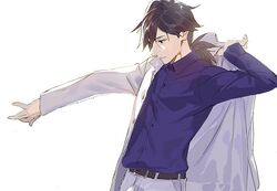  1boy belt black_eyes black_hair blue_shirt closed_eyes collared_shirt fate/grand_order fate_(series) from_side hair_over_one_eye jacket koha-ace long_hair long_sleeves looking_down male_focus pako_(pakosun) pants sakamoto_ryouma_(fate) shirt solo white_background white_jacket white_pants 