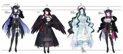  4girls absurdres angel_wings aqua_hair aradia_ravencroft black_dress black_hair black_wings blush breasts bright_pupils colored_inner_hair commentary demon_girl dress fingerless_gloves fur_trim gloves hand_on_own_face height height_chart highres hololive hololive_english large_breasts lineup long_hair looking_at_viewer malpha_ravencroft mamarissa mother_and_daughter multicolored_hair multiple_girls nerissa_ravencroft nerissa_ravencroft_(1st_costume) pink_eyes red_eyes siblings sisters symbol-only_commentary translation_request very_long_hair virtual_youtuber wavy_hair white_background white_dress white_pupils white_wings wings yomosaka 