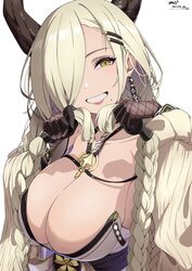  absurdres asymmetrical_bangs azur_lane black_gloves blonde_hair braid breasts cleavage dated earrings female fishnets gloves grin hair_ornament hair_over_one_eye hairclip highres holding holding_own_hair horns jewelry large_breasts lips long_bangs long_hair looking_at_viewer low_twin_braids mole mole_under_mouth open_mouth owari_(azur_lane) simple_background smile solo sunebu_(snake_boo2) twin_braids upper_body very_long_hair white_background yellow_eyes 