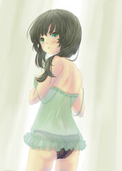  ass assault_lily babydoll bare_arms bare_shoulders black_hair black_panties blush commentary_request cowboy_shot curtains female frilled_babydoll frills from_behind green_babydoll green_eyes hair_down hair_over_shoulder hands_up hifumi0413 highres long_hair looking_at_viewer looking_back panties parted_lips see-through shoulder_blades solo spaghetti_strap standing strap_slip underwear underwear_only wang_yujia white_background 