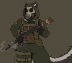  ak-74 ak_platform anthro bulletproof_vest cigarette claws clothing earhole female fuzzy fuzzy_tail gas_mask gun holster holstered_pistol honeybunnie hood magazine mammal mask mephitid piercing pouch_(clothing) ranged_weapon s.t.a.l.k.e.r. skunk smelly_skunk smoke solo tactical_gear topwear vest weapon 