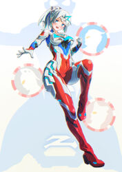  absurdres blue_bodysuit bodysuit clenched_hand commentary female genderswap_(mtf) grey_bodysuit grey_hair grey_headband head_tilt headband highres humanization ibuki_sakura_(sgw_v07) multicolored_bodysuit multicolored_clothes open_hand parted_bangs ponytail red_bodysuit rule_63 smile solo ultra_series ultraman_leo ultraman_z ultraman_z_(series) ultraman_zero ultraseven z_riser 