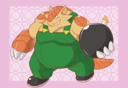  00murice 2013 anthro bandai_namco belly bodily_fluids bomb brown_body clothing explosives kemono klonoa_(series) male mammal overalls overweight overweight_anthro overweight_male pango_(klonoa) pangolin solo sweat 