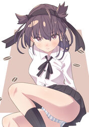  alternate_costume black_headband black_ribbon black_skirt black_socks brown_eyes brown_hair female hair_flaps hatsuzuki_(kancolle) headband kantai_collection miniskirt neck_ribbon panties pleated_skirt ribbon sanninme_no_haru short_hair skirt socks solo striped_clothes striped_panties underwear 