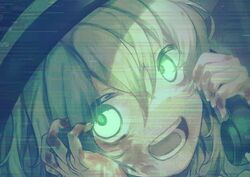  commentary crazy_eyes female green_eyes green_hair green_theme hair_between_eyes hat hat_ribbon holding holding_phone komeiji_koishi looking_at_viewer open_mouth phone portrait ribbon sekisei_(superego51) short_hair solo symbol-only_commentary teeth touhou urban_legend 